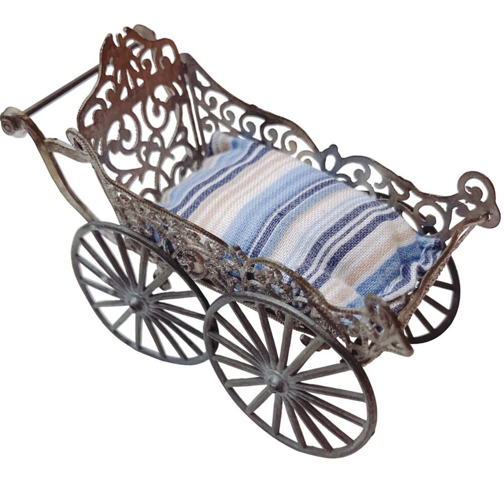 Unusual VTG Mid Century Silver Baby Carriage Miniature 1950s Portugal Filigree